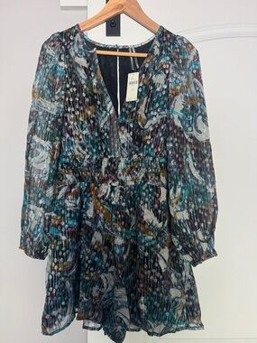 Anthropologie Teal, Black, Cream Multi-Print Pleated Long-Sleeve Romper